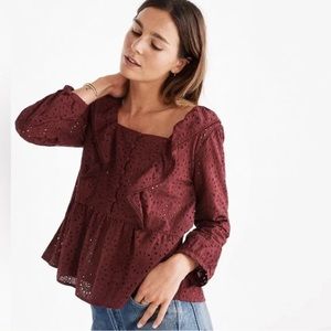 Madewell Burgundy Eyelet Pom-Pom Top